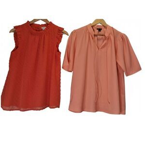 j.crew womens small Swiss dot orange blouse ann Taylor split neck top lot of 2